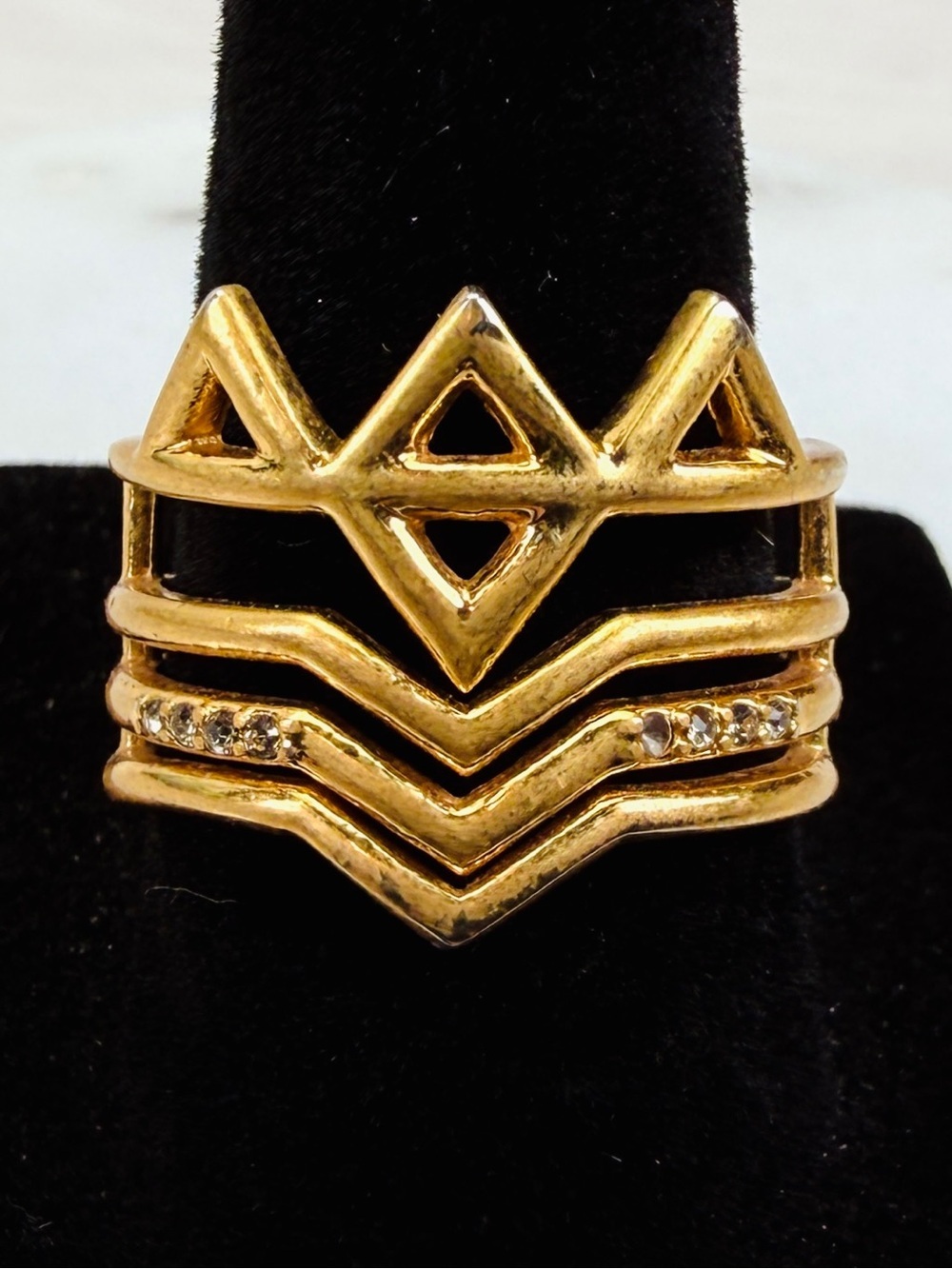 Vintage Goldtone Geometric Statement Ring Clear Accent Stones Size 7